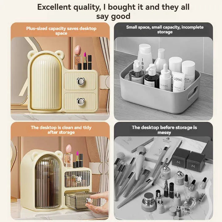 Cute Bear Makeup Organizer – 360° Rotating Cosmetic Storage Box